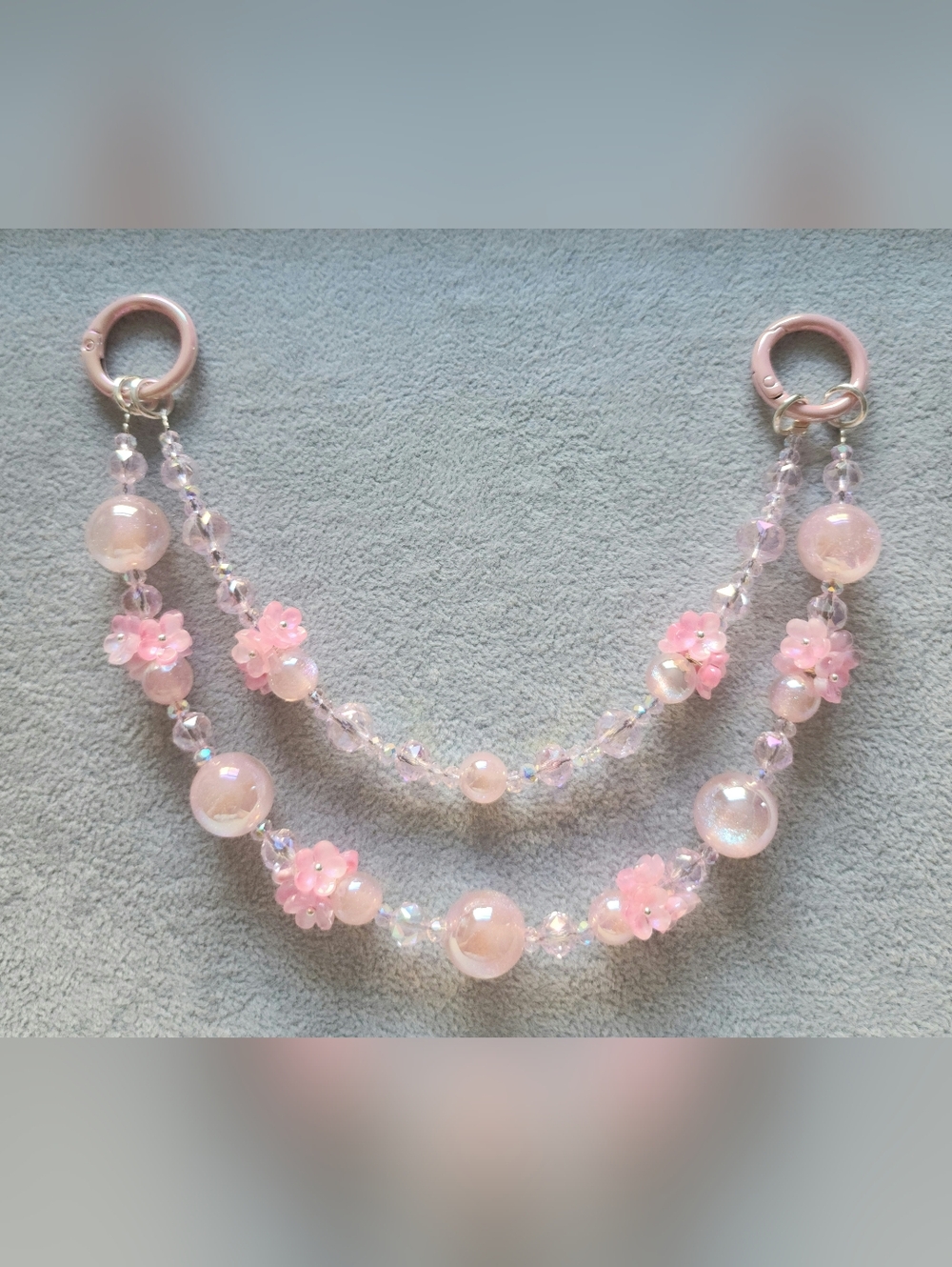Pink Beaded Double Chain Purse Charm/ Phone Bracelet with Flower Accents